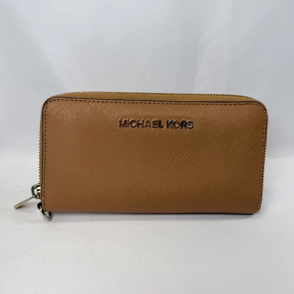 Michael Kors Zip Around Wallet Womens OS Luggage Brown Saffiano Leather Jet Set